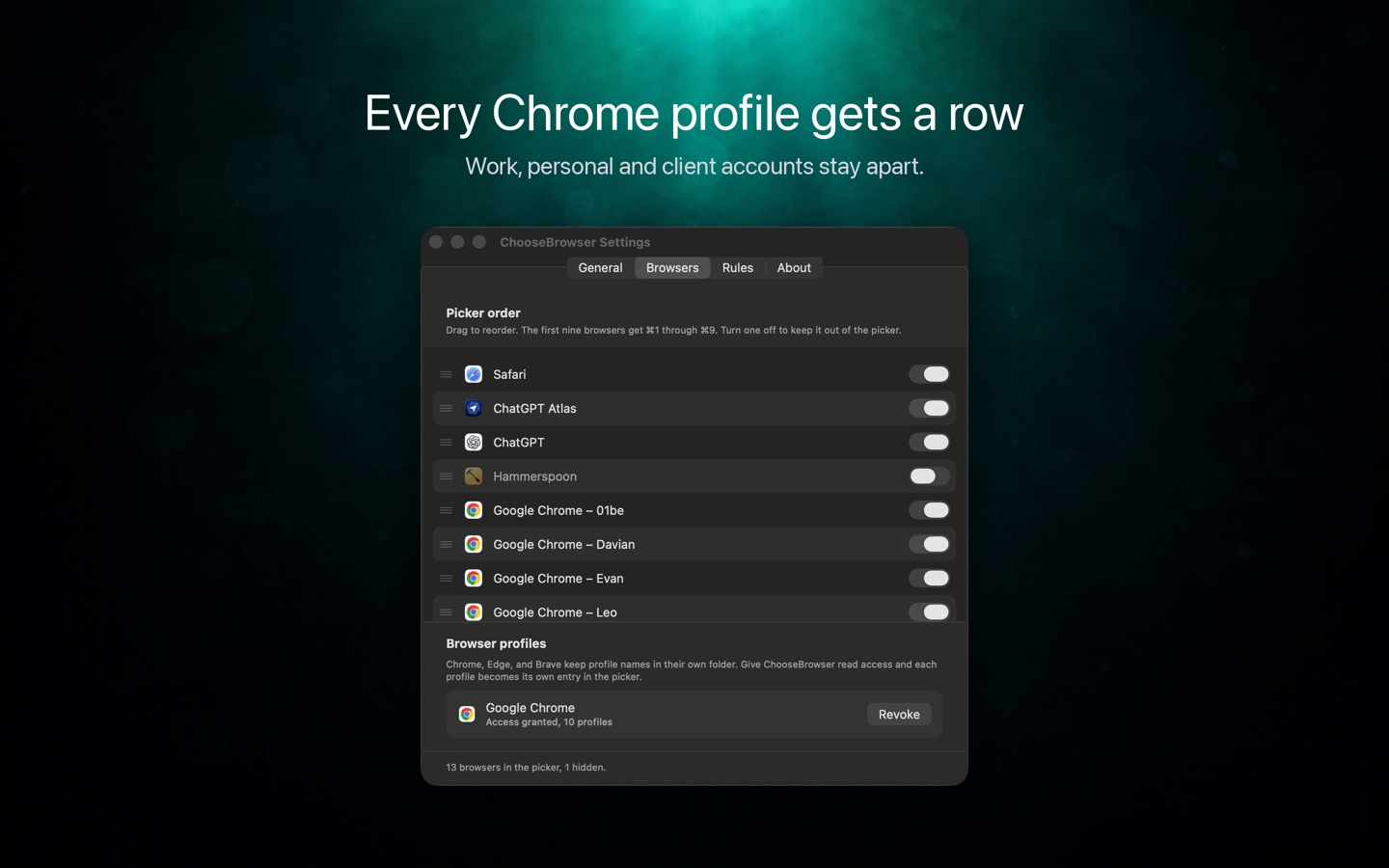 ChooseBrowser settings: every Chrome profile is its own row in the picker